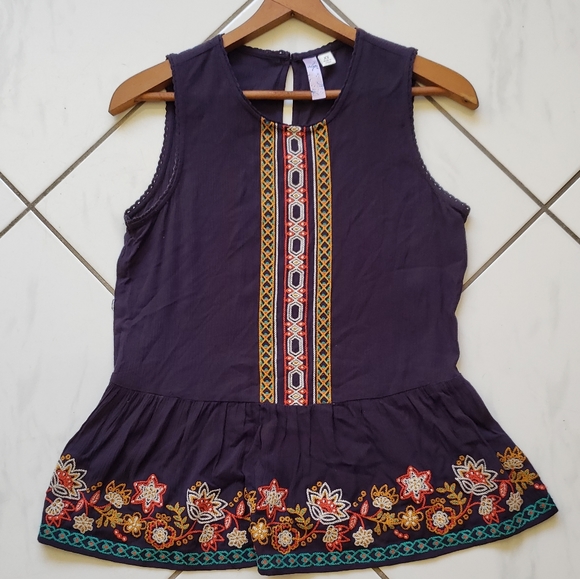 Alya 💜 Boho Top Tunic Embroidered Floral Contrast - Picture 1 of 8